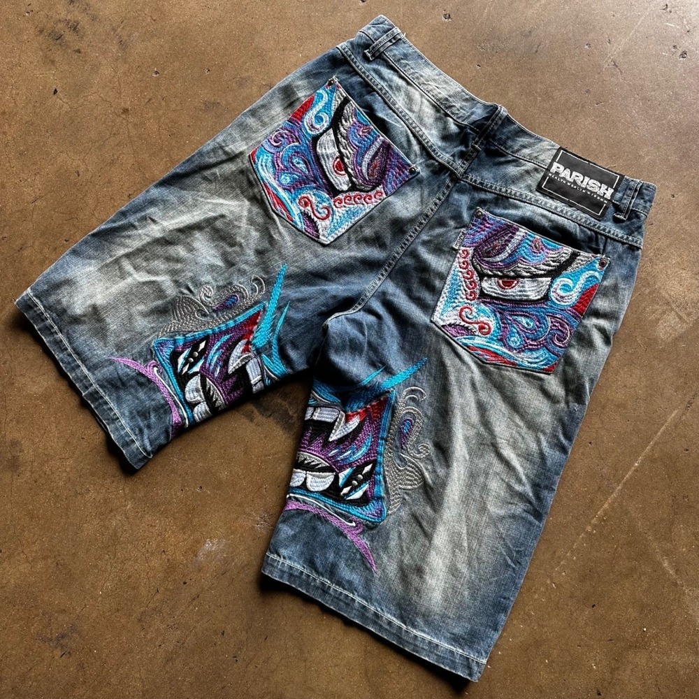 Parish Nation Mens Embroidered Denim Shorts Blue Size 38 Y2K Streetwear Jorts